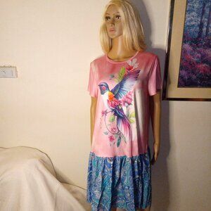 Dress Hummingbird L-XL Pink Colorful Tee With Blue Skirt Attached New Upcycled